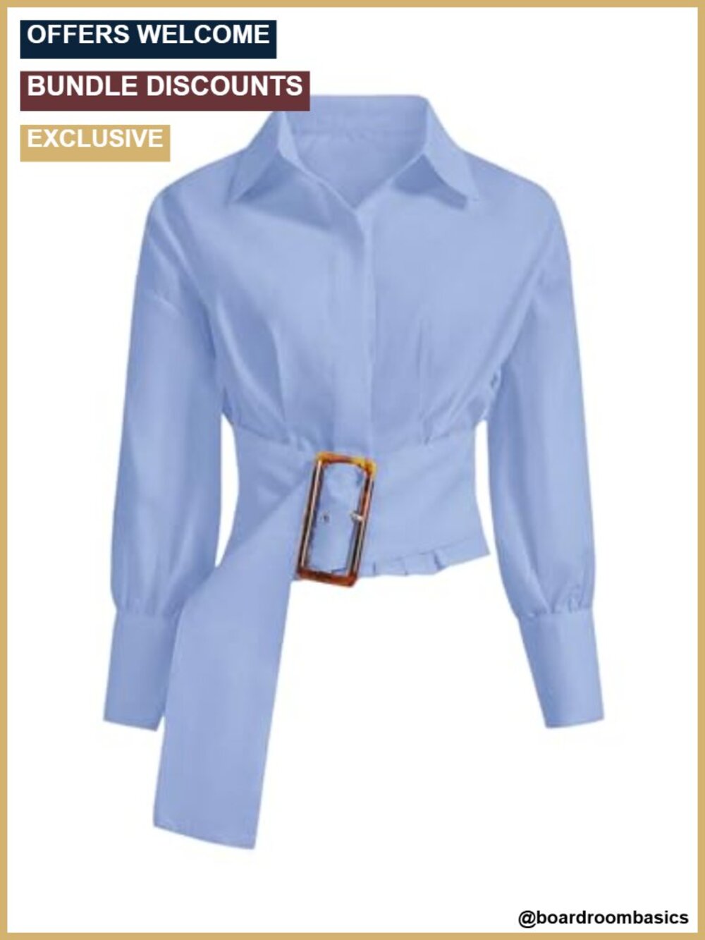 Women's Cropped Belted Tunic Button-Down Blouse Long Sleeve Pleated